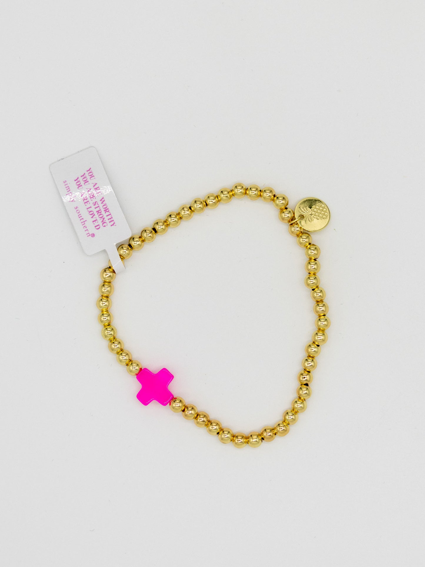 Simply Southern Pink Cross Gold Bead Bracelet