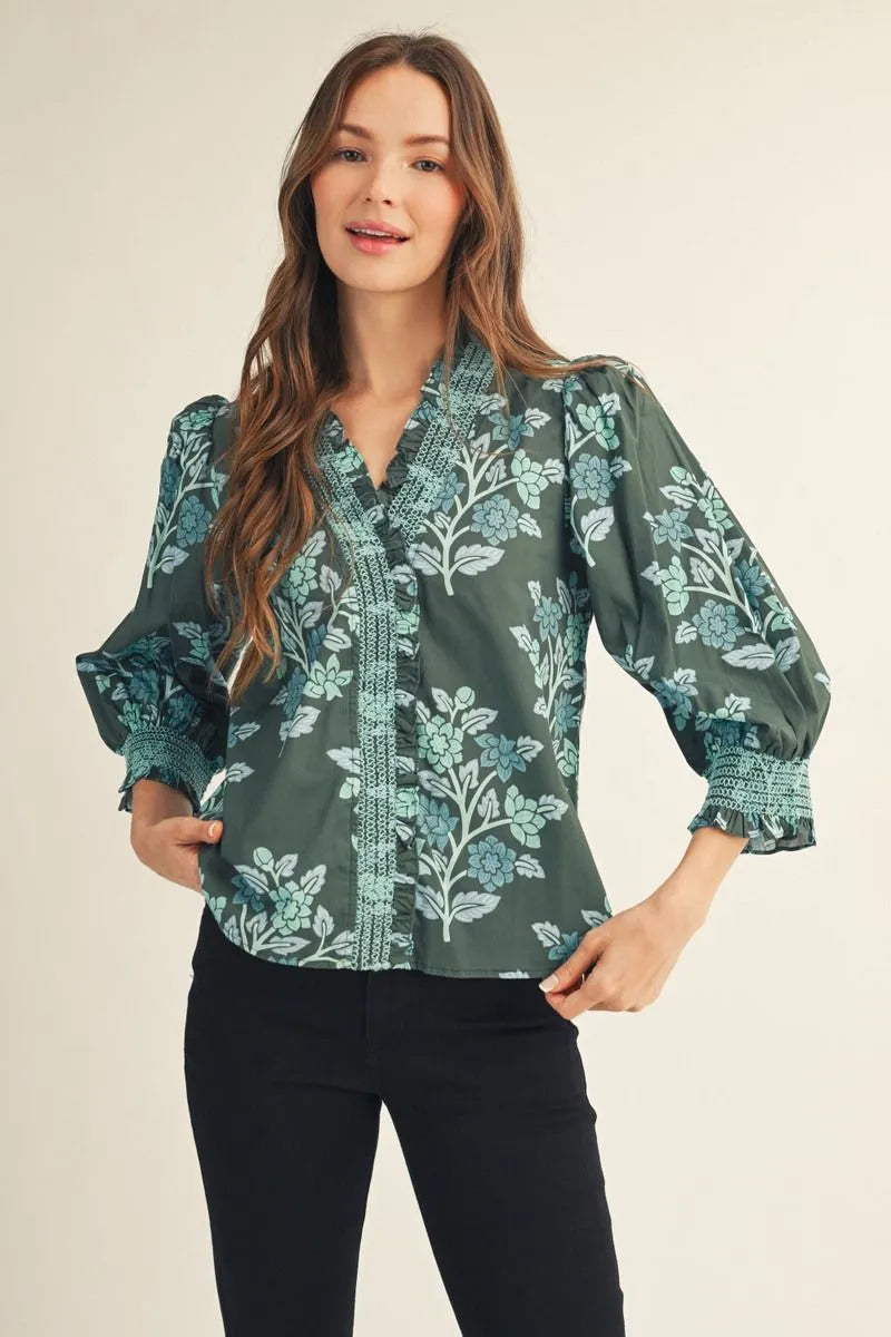 The Bella Green Floral Ruffle Blouse