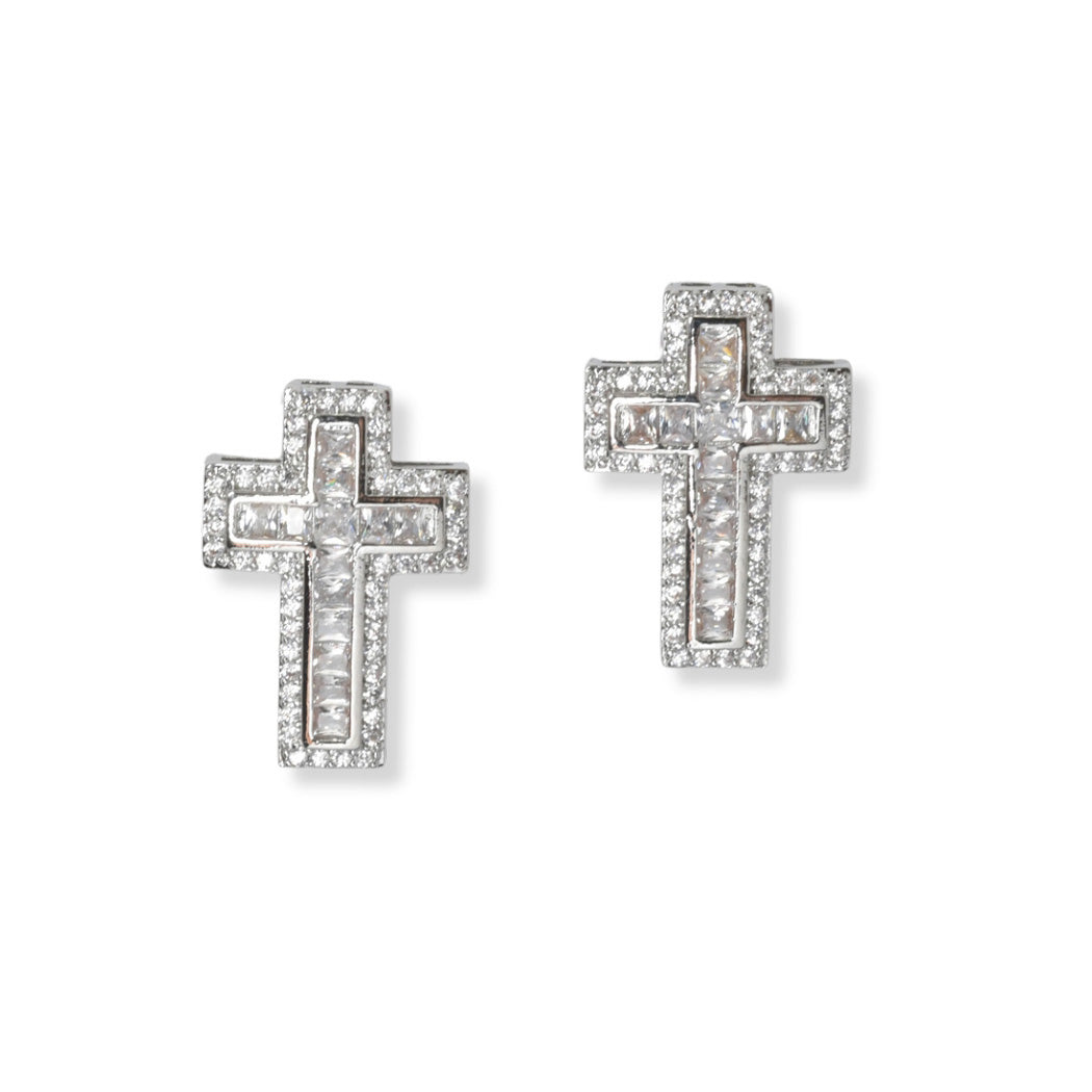Silver/Clear, cross earring