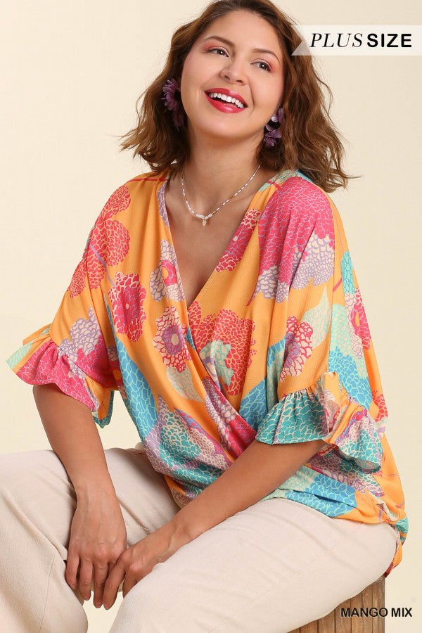 The Kaye Plus Mixed Print Ruffle Sleeve Top