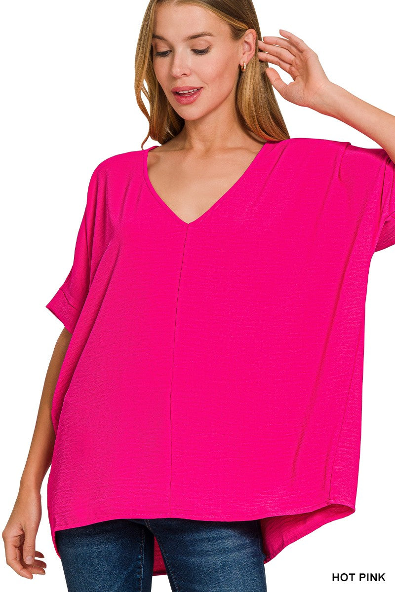 Zenana Hot Pink Woven Airflow V-Neck Dolman Short Sleeve Top