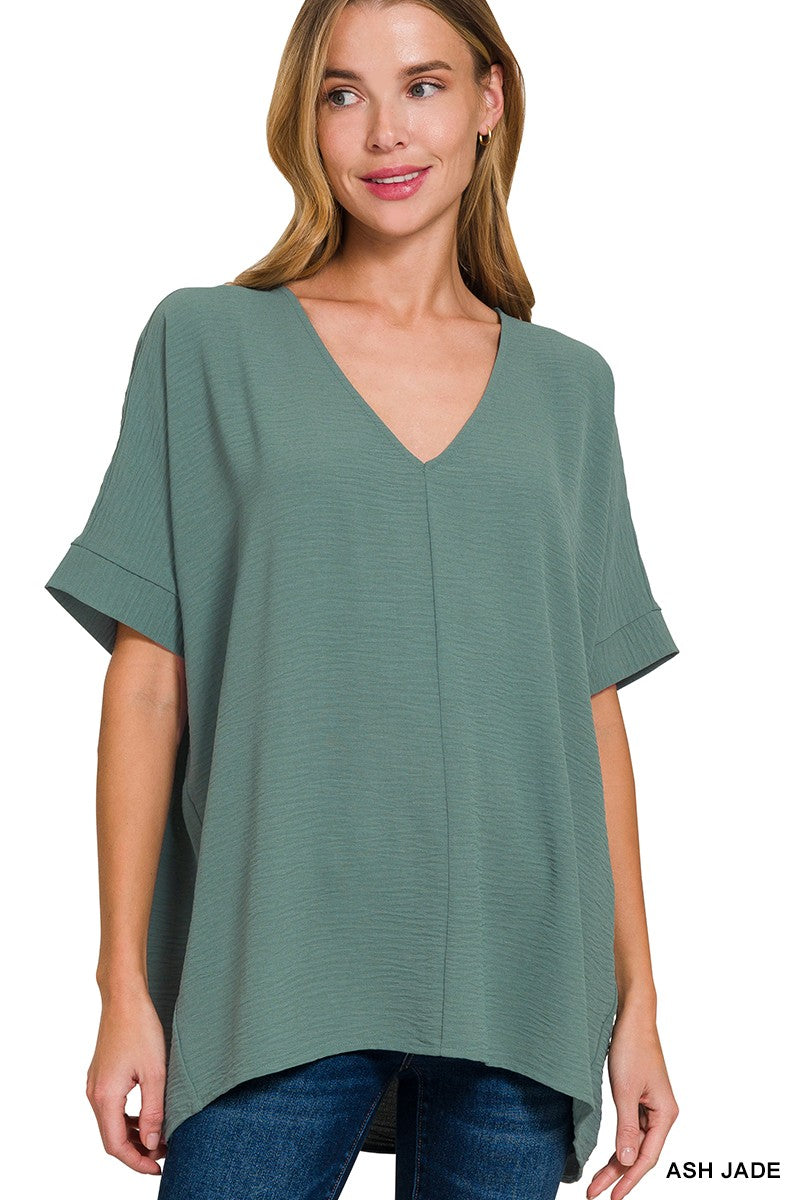 Zenana Ash Jade Woven Airflow V-Neck Dolman Top