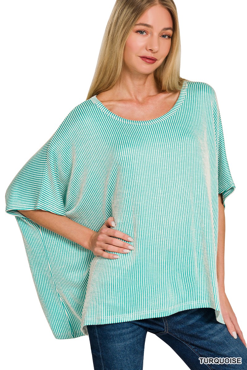 Zenana Turquoise Ribbed Striped Oversized Top