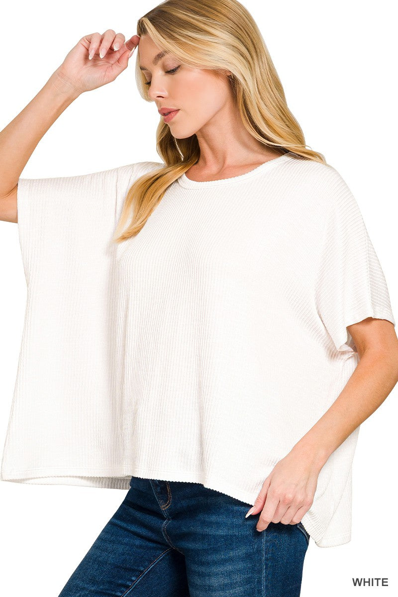Zenana White Ribbed Striped Oversized Top