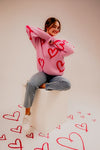 Pink Round Neck Heart Printed Sweater