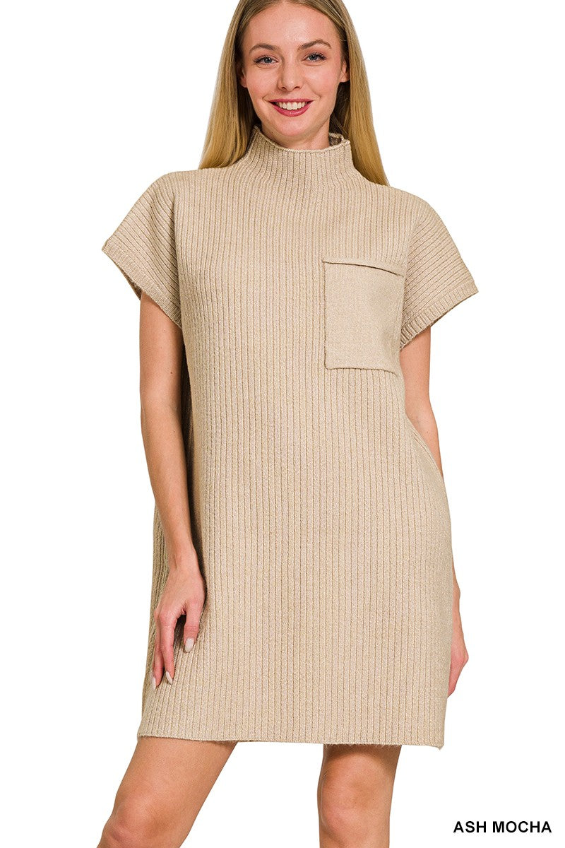 Mock Neck Short Sleeve Sweater Dress w/ Pockets