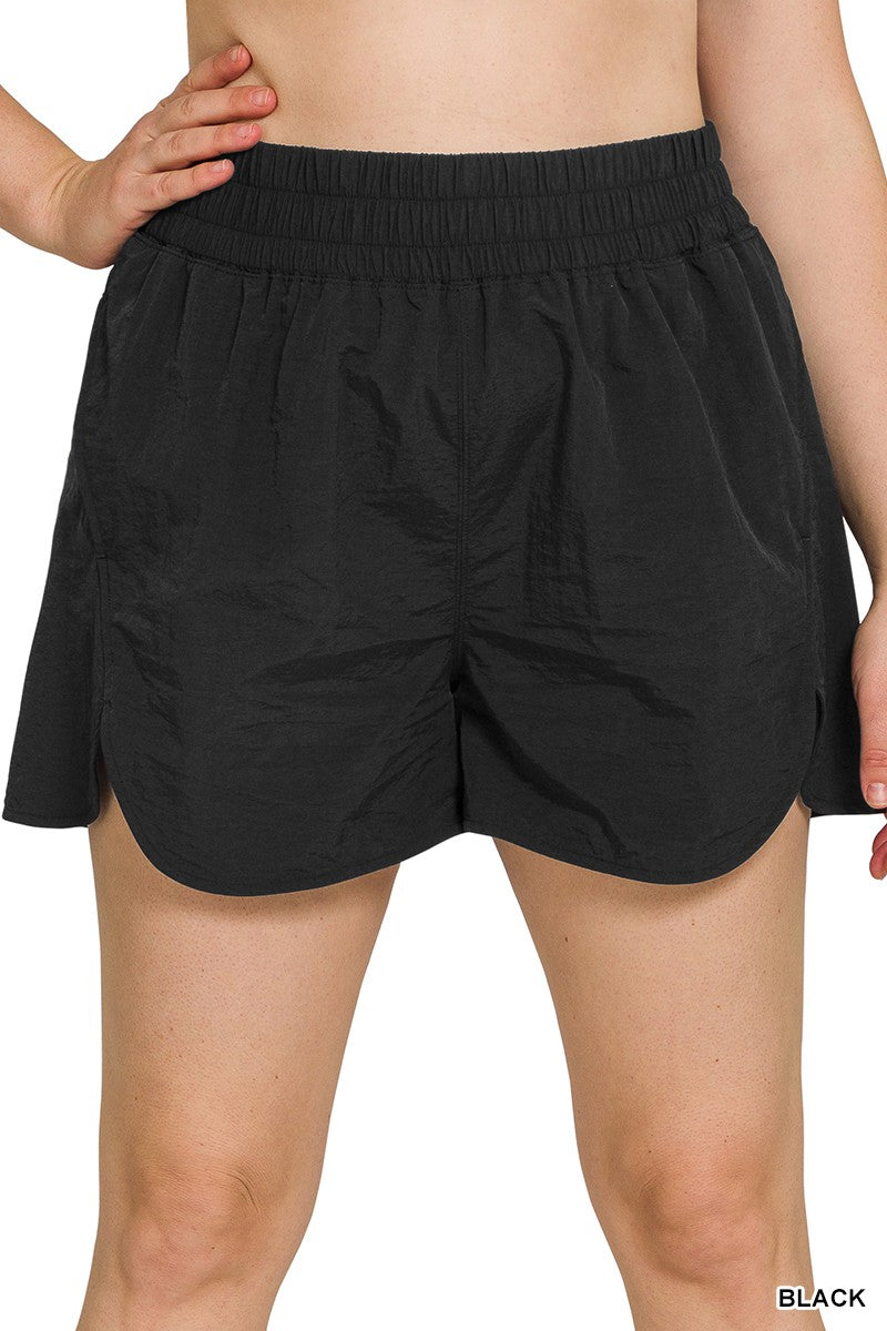 Black Plus Size Windbreaker Smocked Waistband Running Shorts