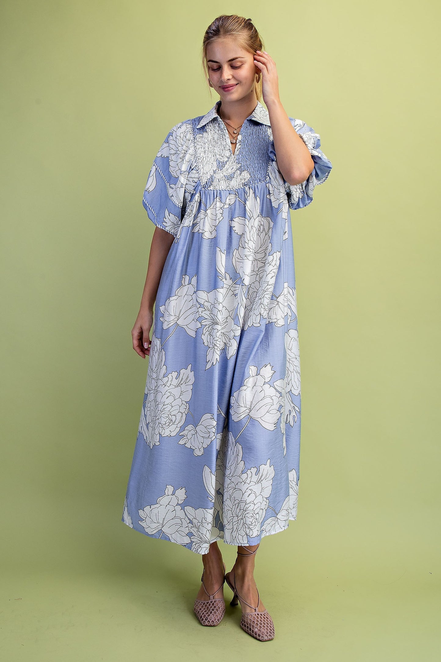 The Rachel Floral Print Short Puff Sleeve Midi Dress