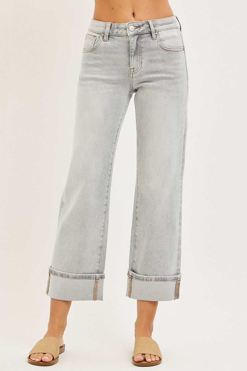 Risen Light Grey Mid Rise Crop Cuffed Straight Jeans