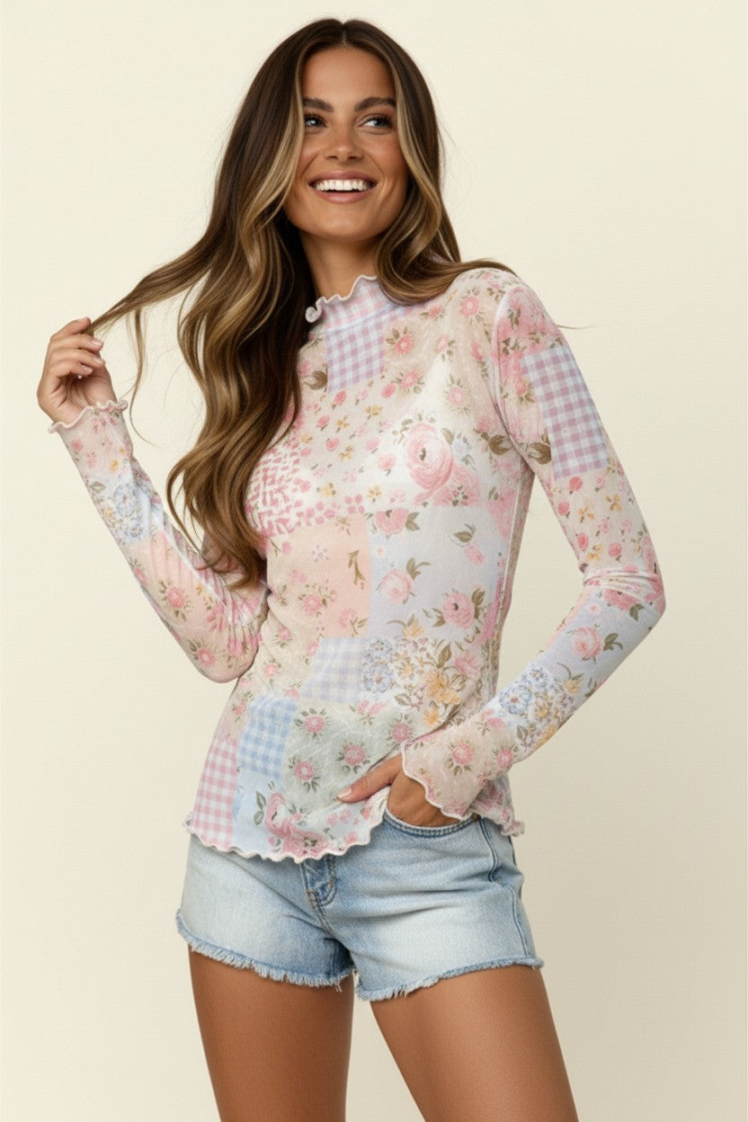 High Neck Floral Long Sleeve Patchwork Mesh Frilled Top