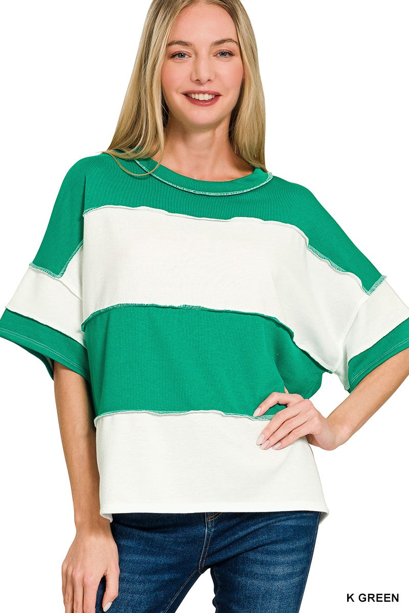 Zenana Green French Terry Color Block Seam Top