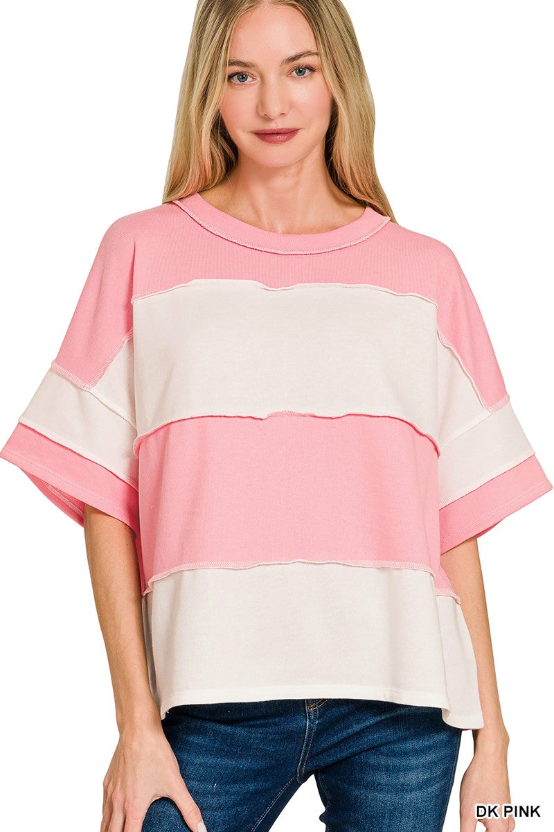 Pink French Terry Color Block Seam Top