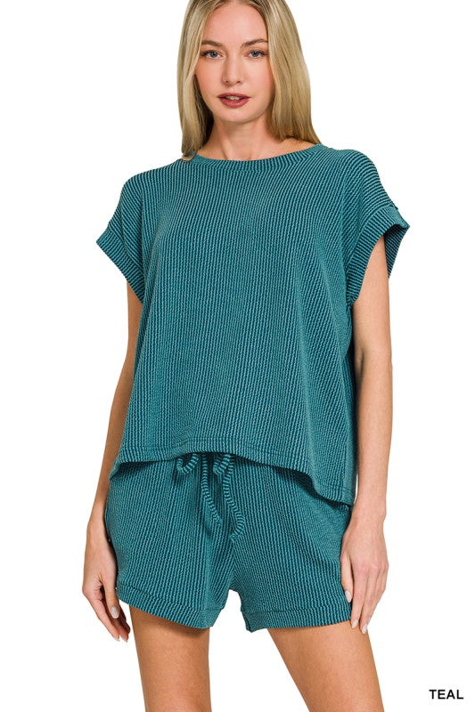Raised Rib Cap Sleeve Top & Shorts Set Teal