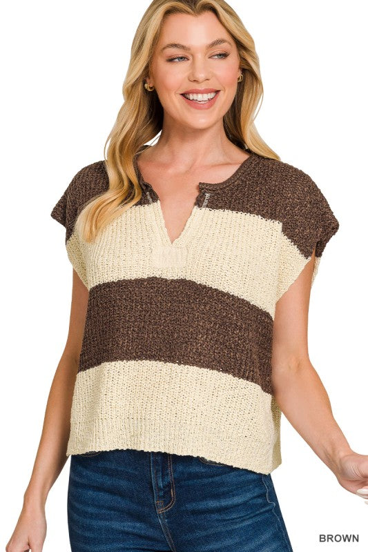 Brown Split Neck Sleeveless Stripe Sweater