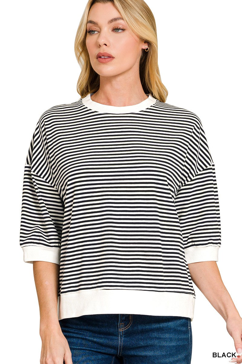 Black Striped Contrast Trim Banded Bottom Top
