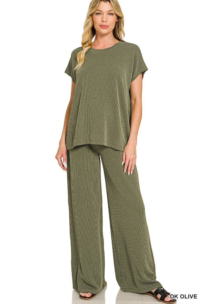 Zenana Dark Olive Raised Rib Relaxed Top & Pants Set