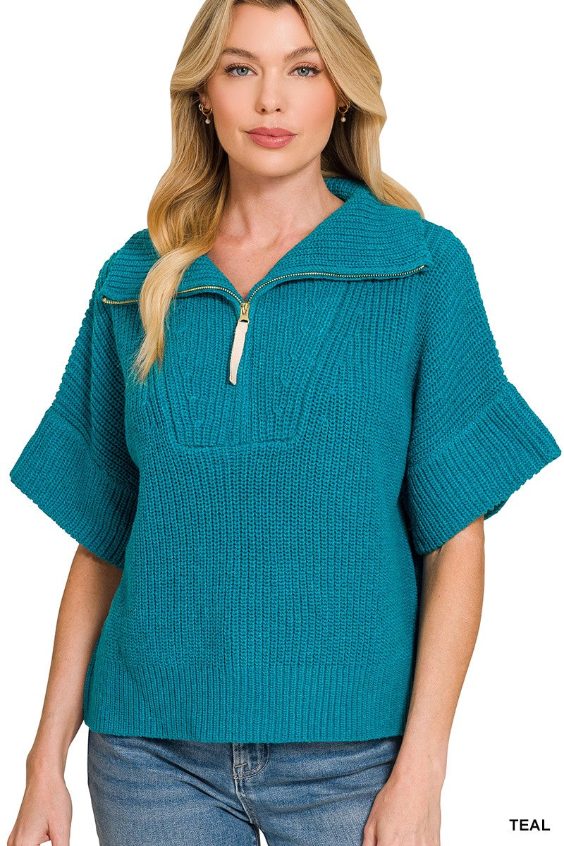 Zenana Teal Half Zip High Neck Short Sleeve Sweater