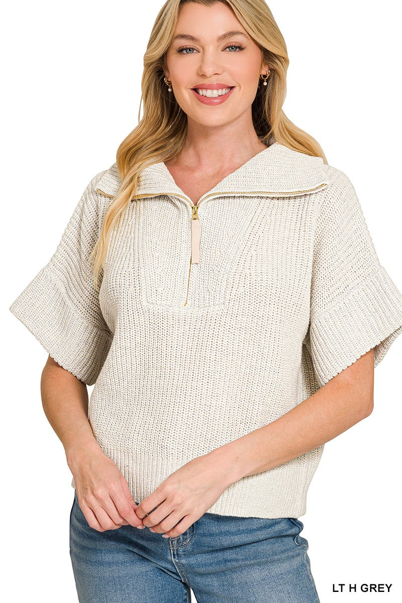 Zenana Light Heather Grey Half Zip High Neck Short Sleeve Sweater