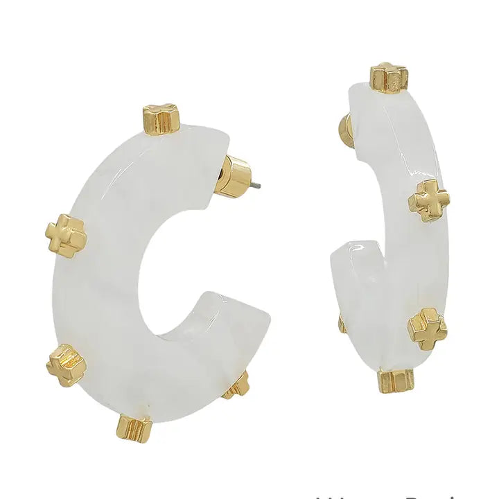 Water Resistance White Acrylic Hoop With Gold Studded 1.5 Earring