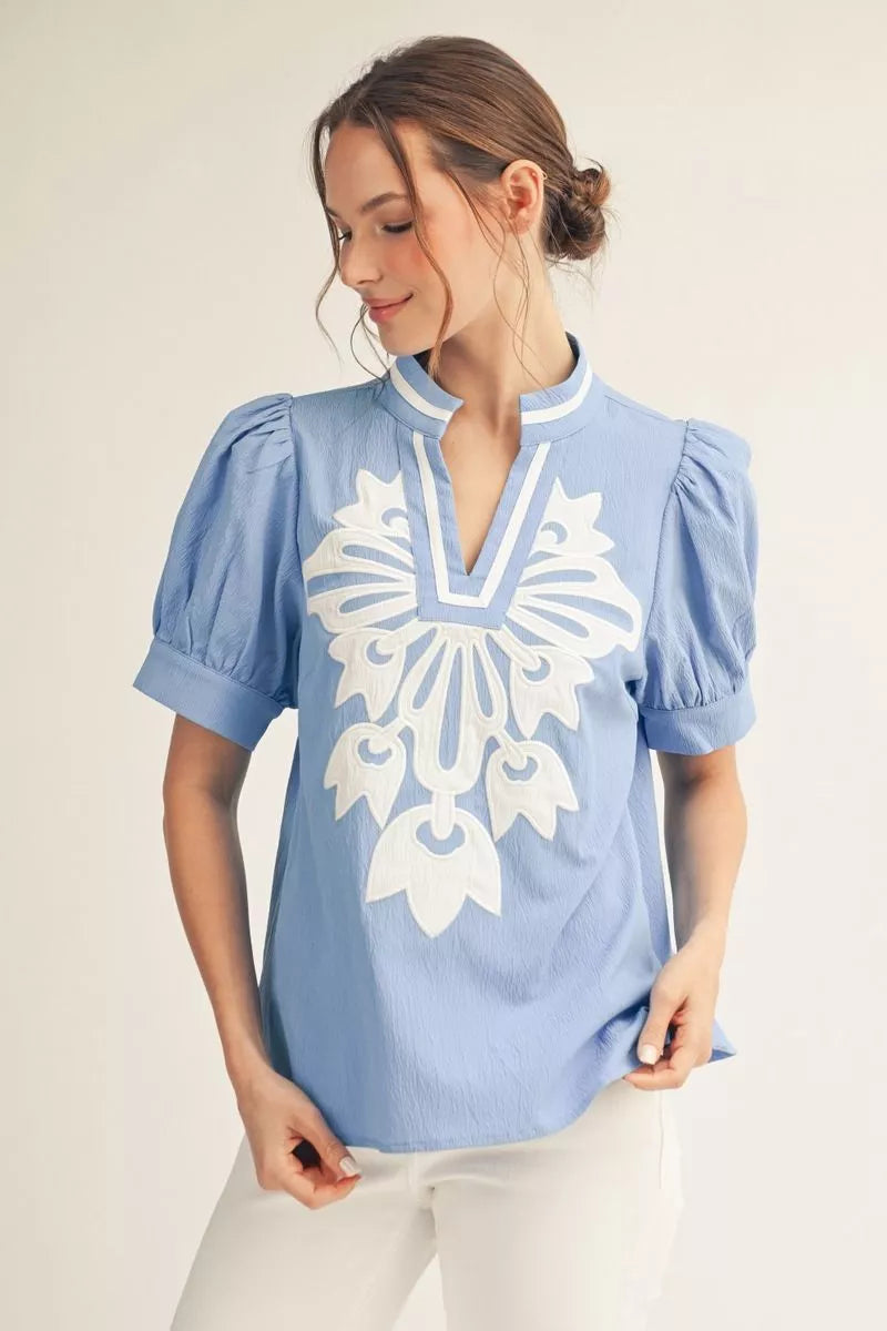 The Meredith Blue Baroque Floral Blouse