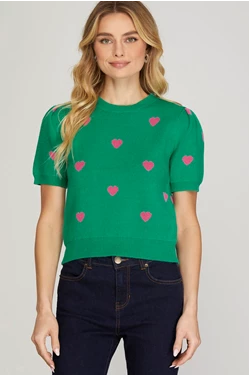 Green Puff Sleeve Heart Sweater Top