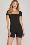 SHORT SLEEVE SQUARE NECK STRETCHY BODY CON ROMPER MODEL IS 5'9.5"  85%POLYESTER 15%SPANDEX