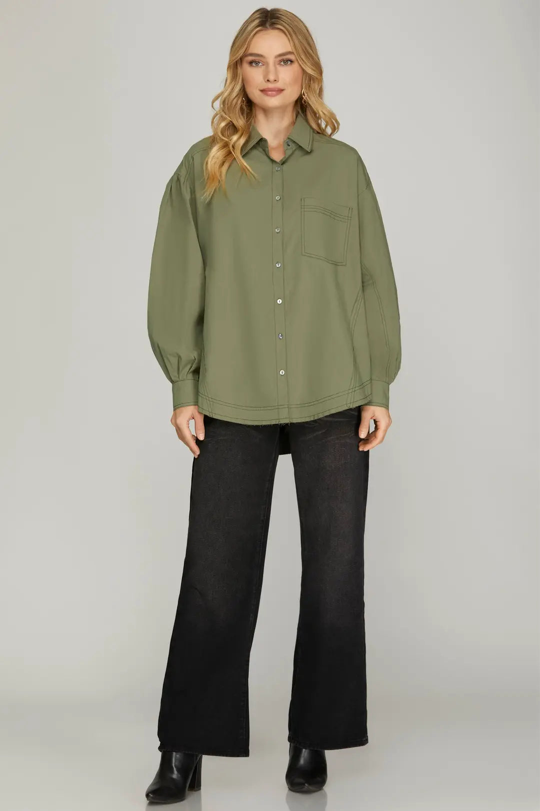 Long Sleve Button Down Woven Shirt With Side Pockets