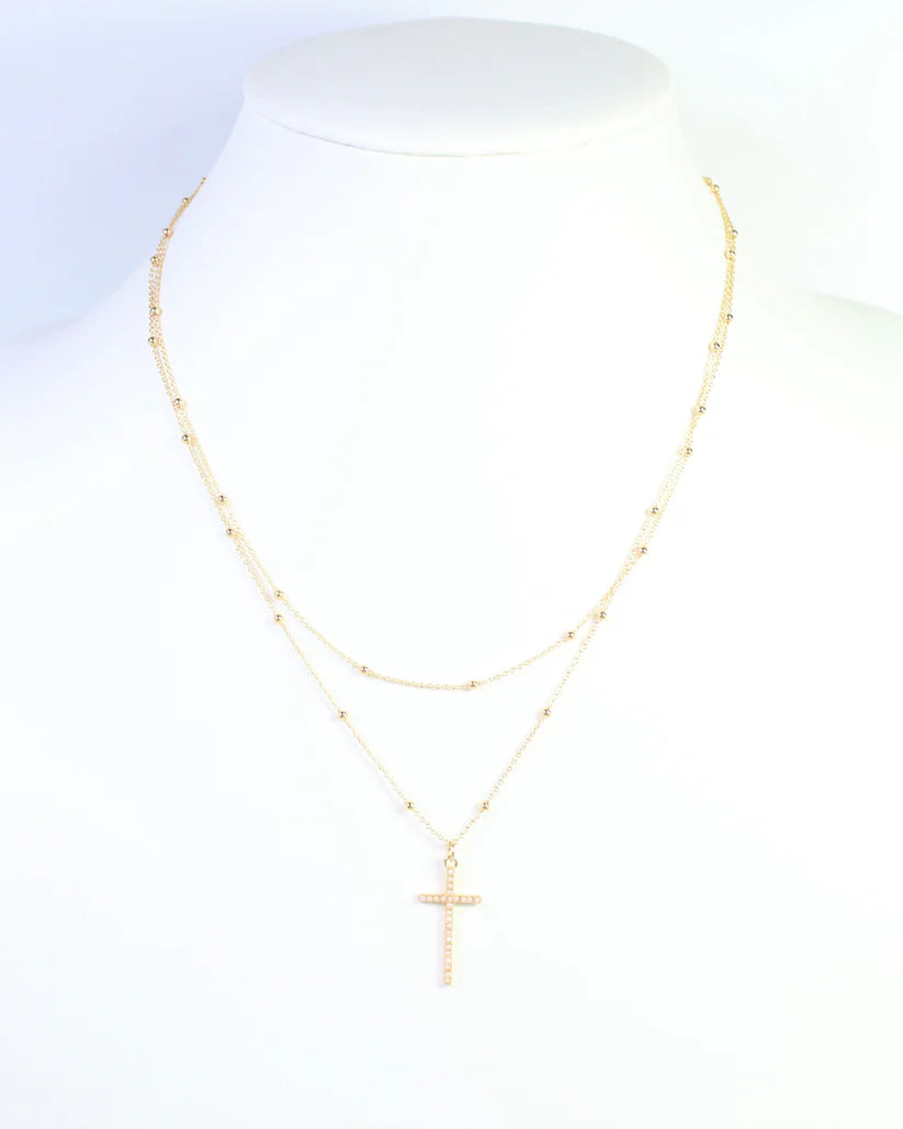 Kyla Pearl Cross Layered Necklace WR Gold