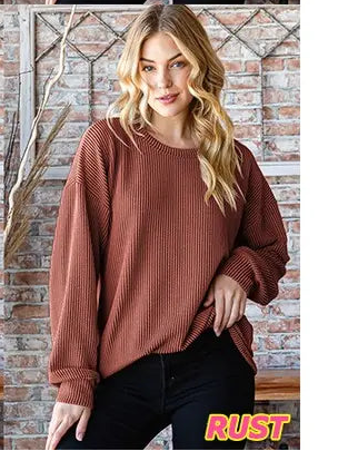 Ribbed Rust Puff Sleeve Solid Top