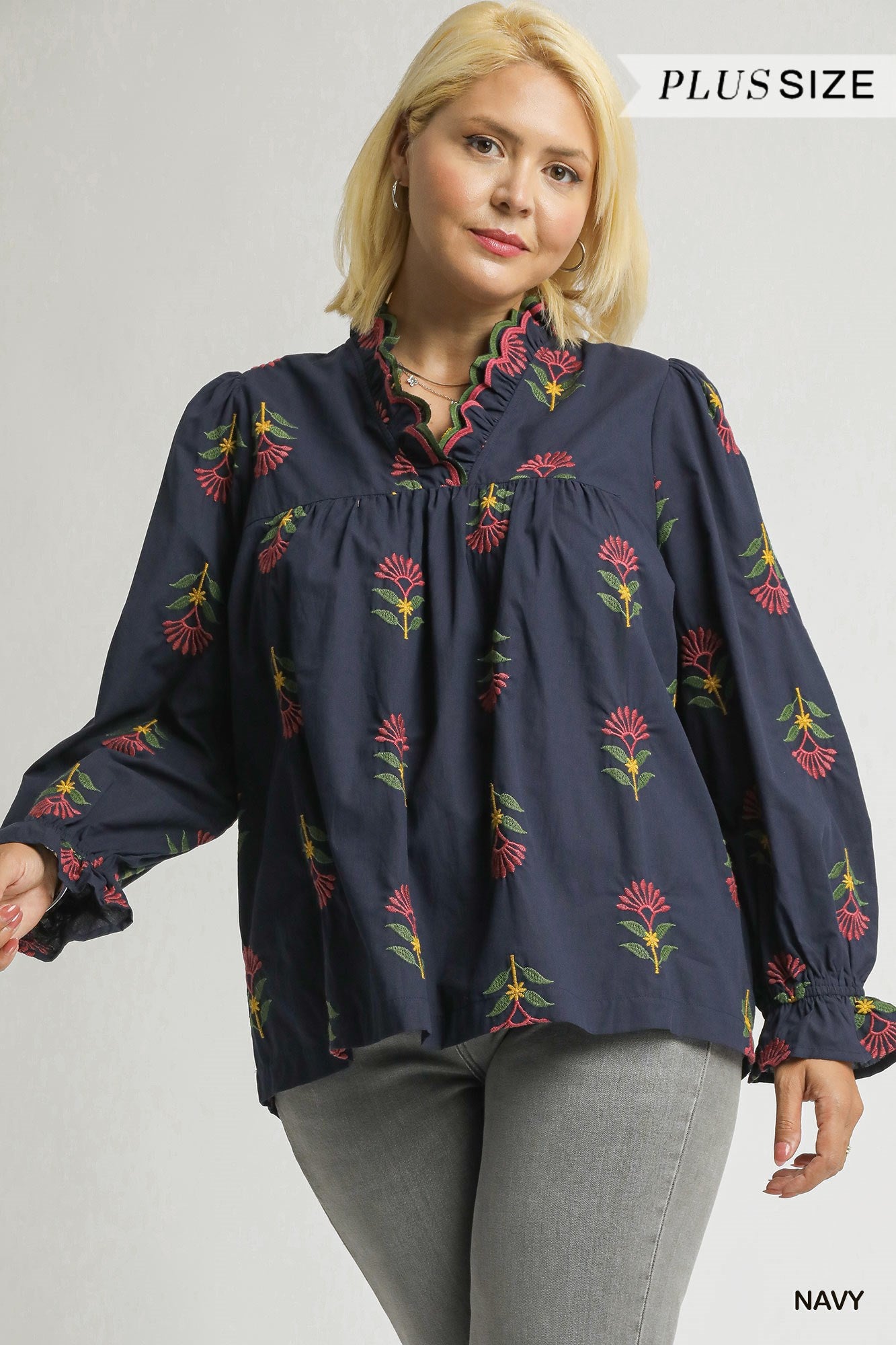 The Sally Plus Navy Embroidered Blouse