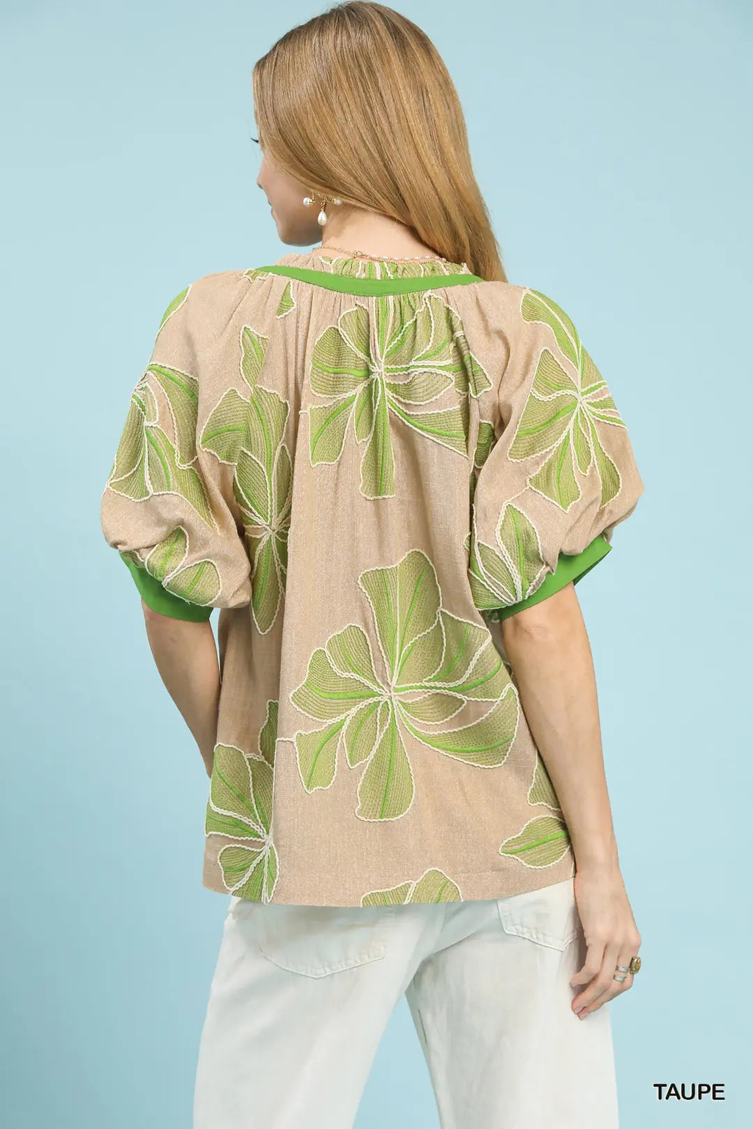 The Julie Taupe Embroidered V-Neck Top