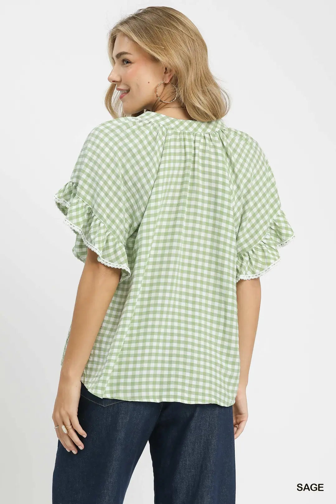 The Sage Gingham Ruffle Top