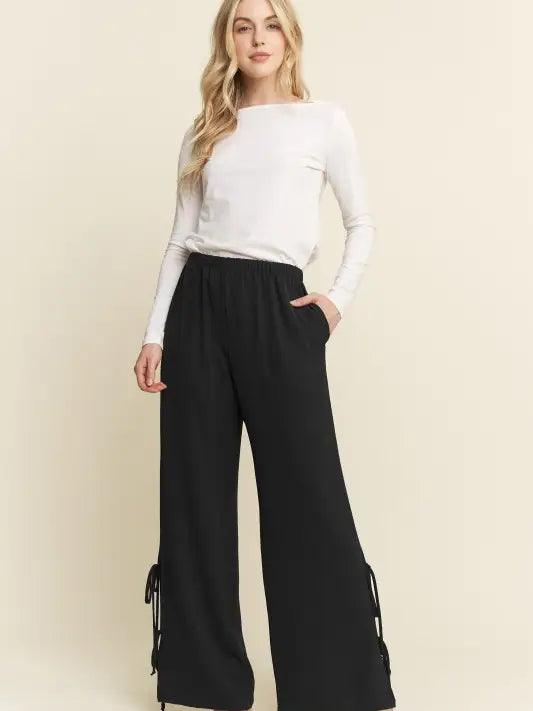 Elastic Waist Solid Black Wide Leg Pants with Side Tie