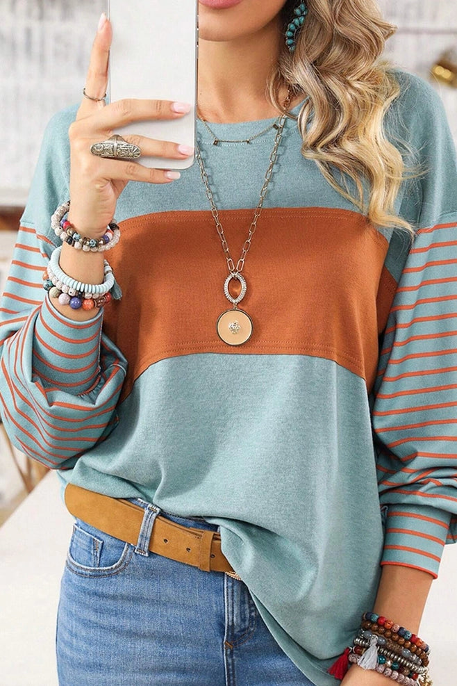 Color Block Stripe Long Sleeve Top- Teal Mix