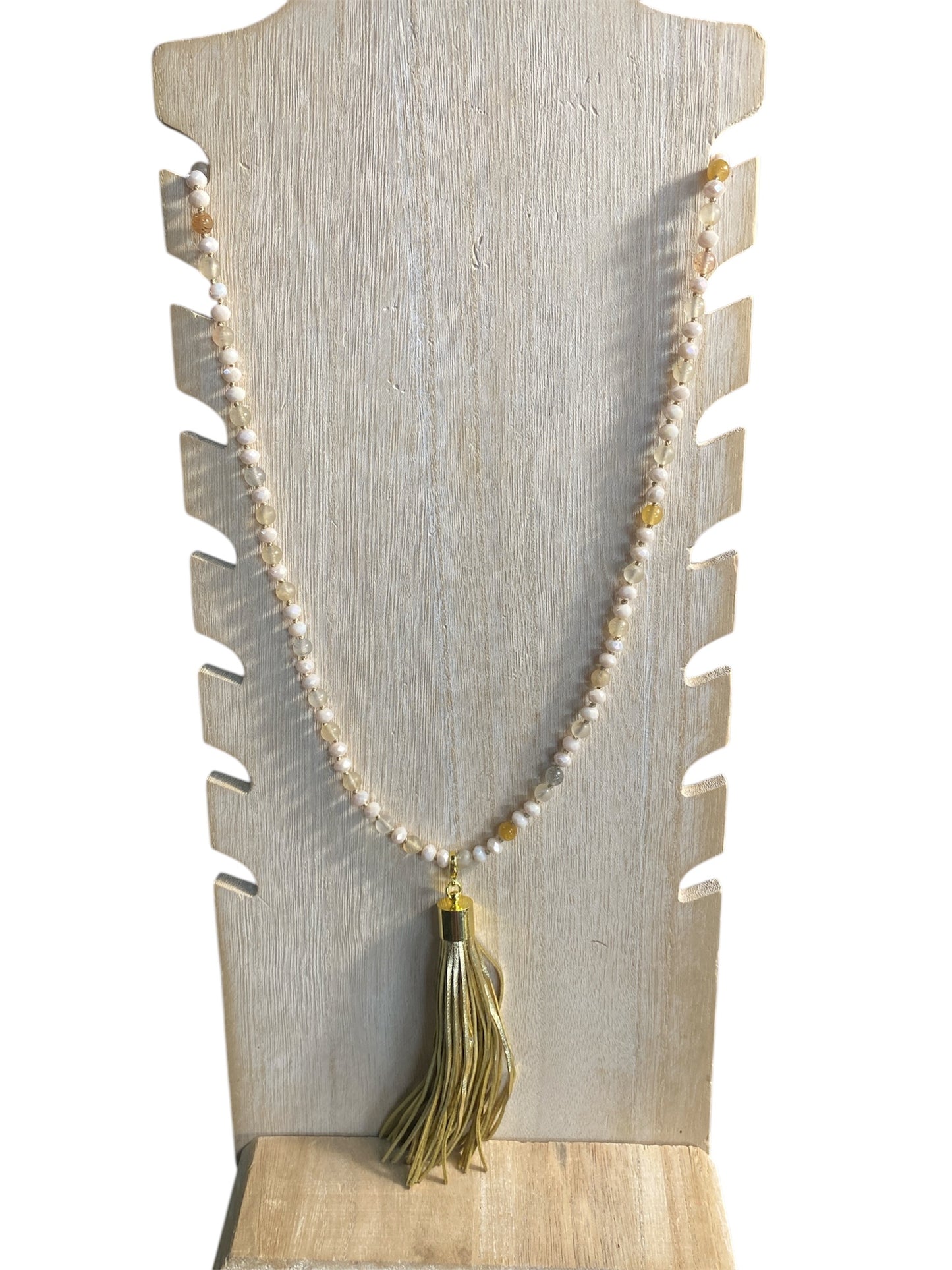 Neutral Colored Beaded Necklace with Gold Tassel