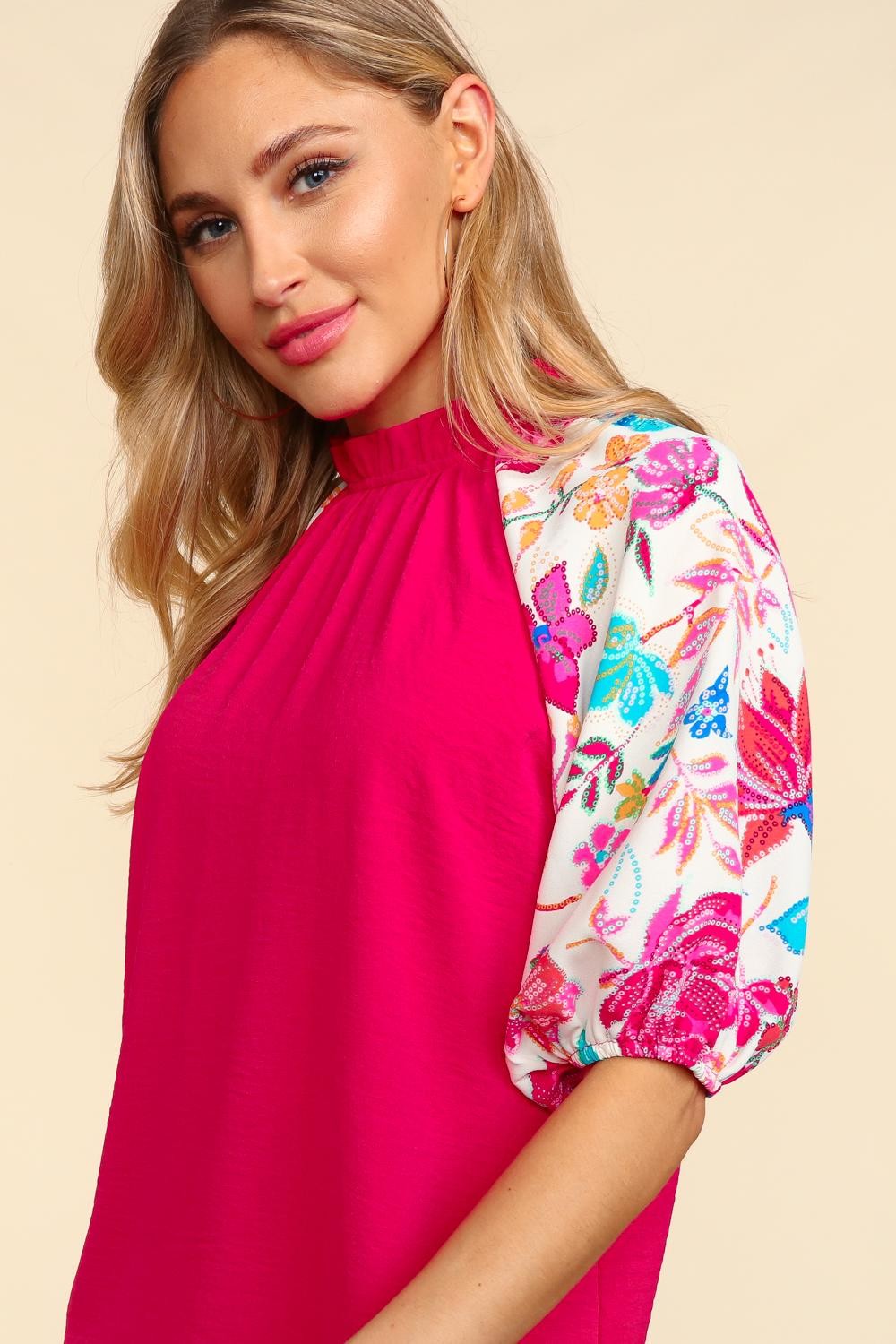 Floral Sequin Print Color Block Woven Blouse