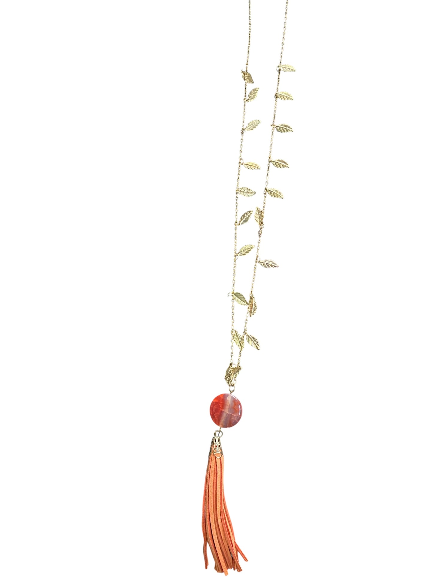 Long Necklace with Gold Leaf Pendants and Orange Tassel