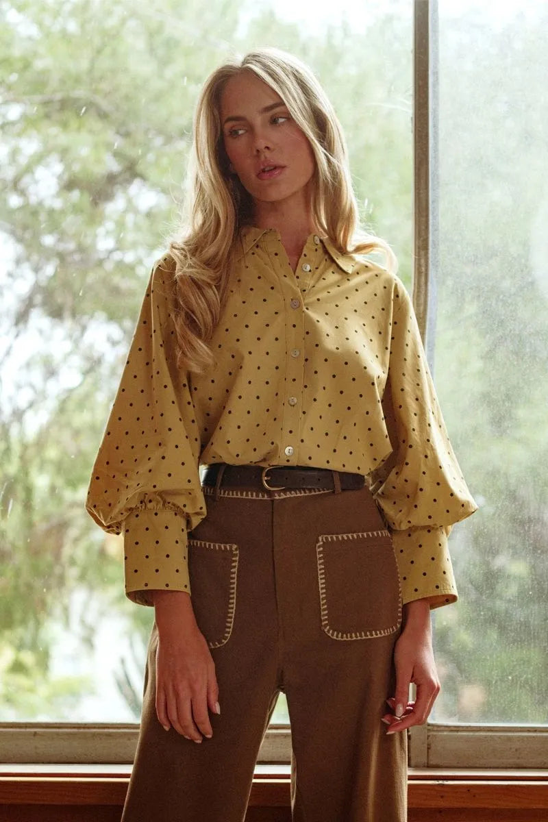 The Harper Mustard Polka Dot Blouse