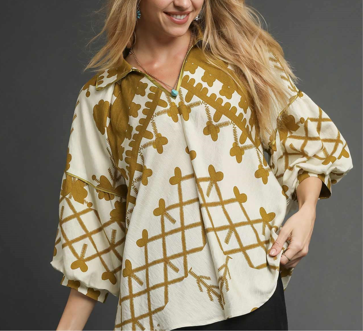 Mustard Green Boho Balloon Sleeve Top