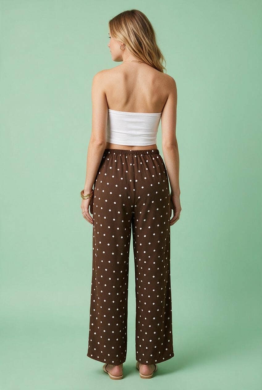 Polka Dot Drawstring Wide-Leg Pants: BROWN / 2-2-2(S-M-L)