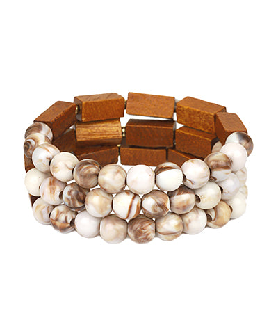 3 Row Marble & Wood Stackable Bracelet