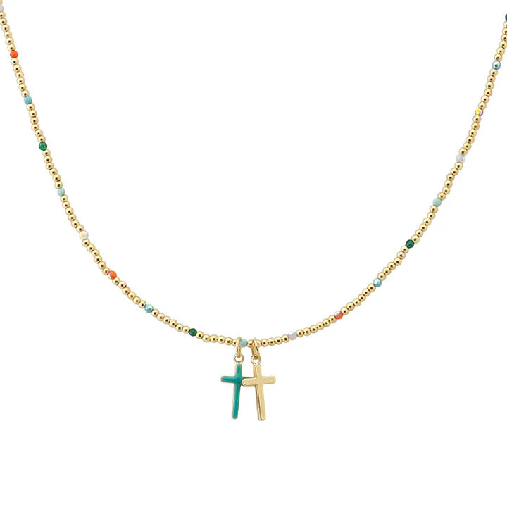 Multi Color Cross Charm Dainty Beaded Nacklace