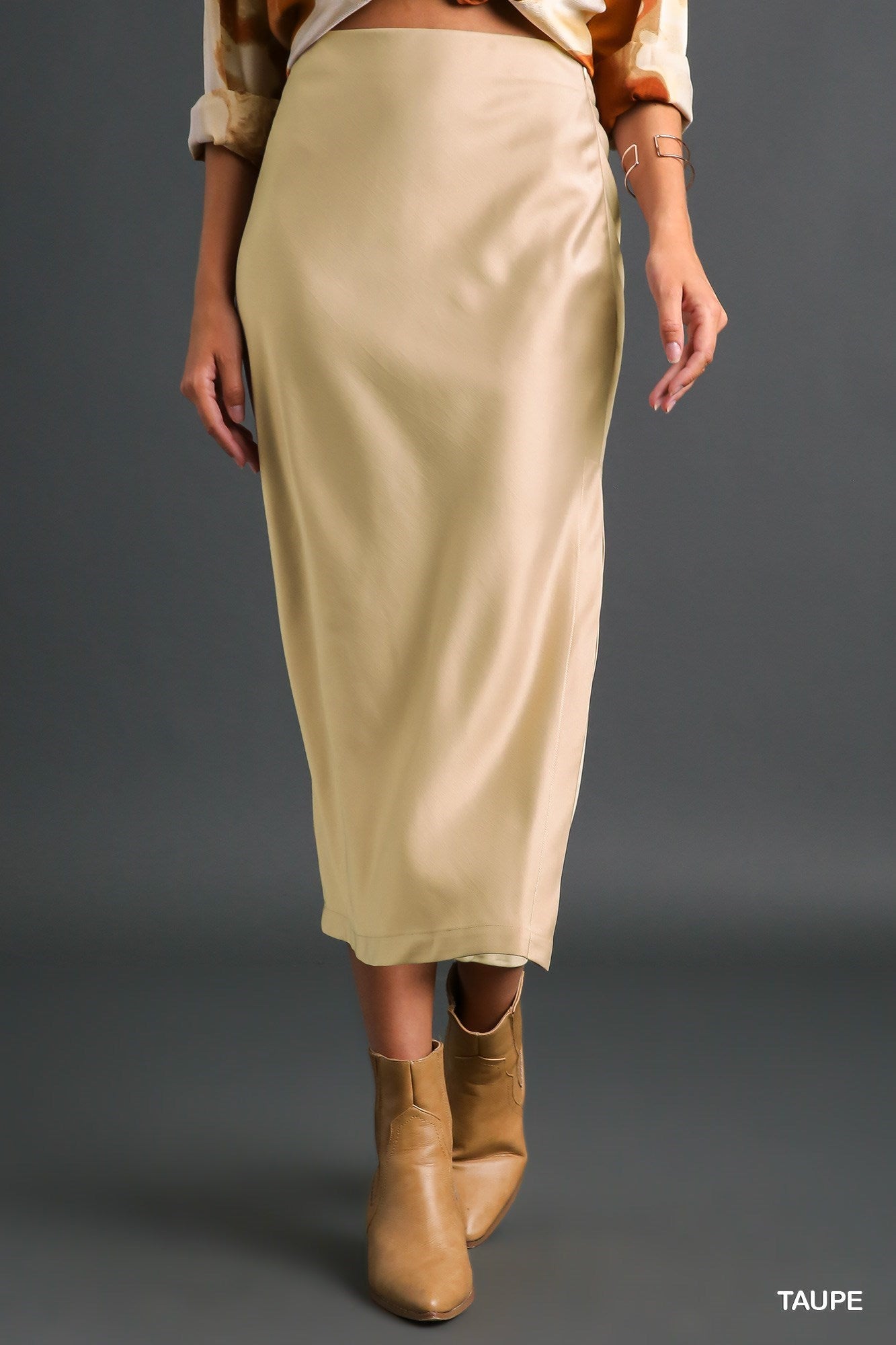 Taupe Satin Side Slit Midi Skirt