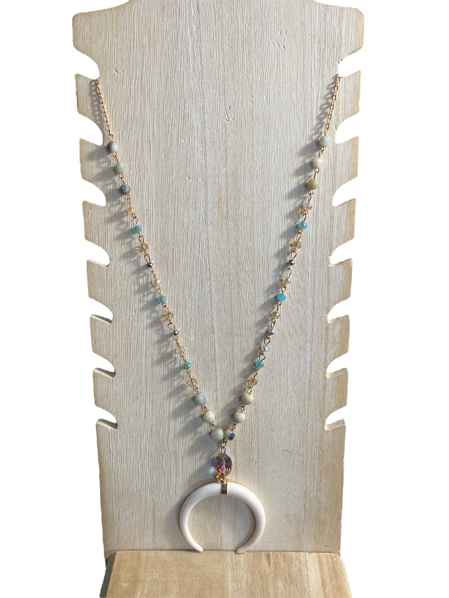 Fossil Pendant Long Beaded Necklace