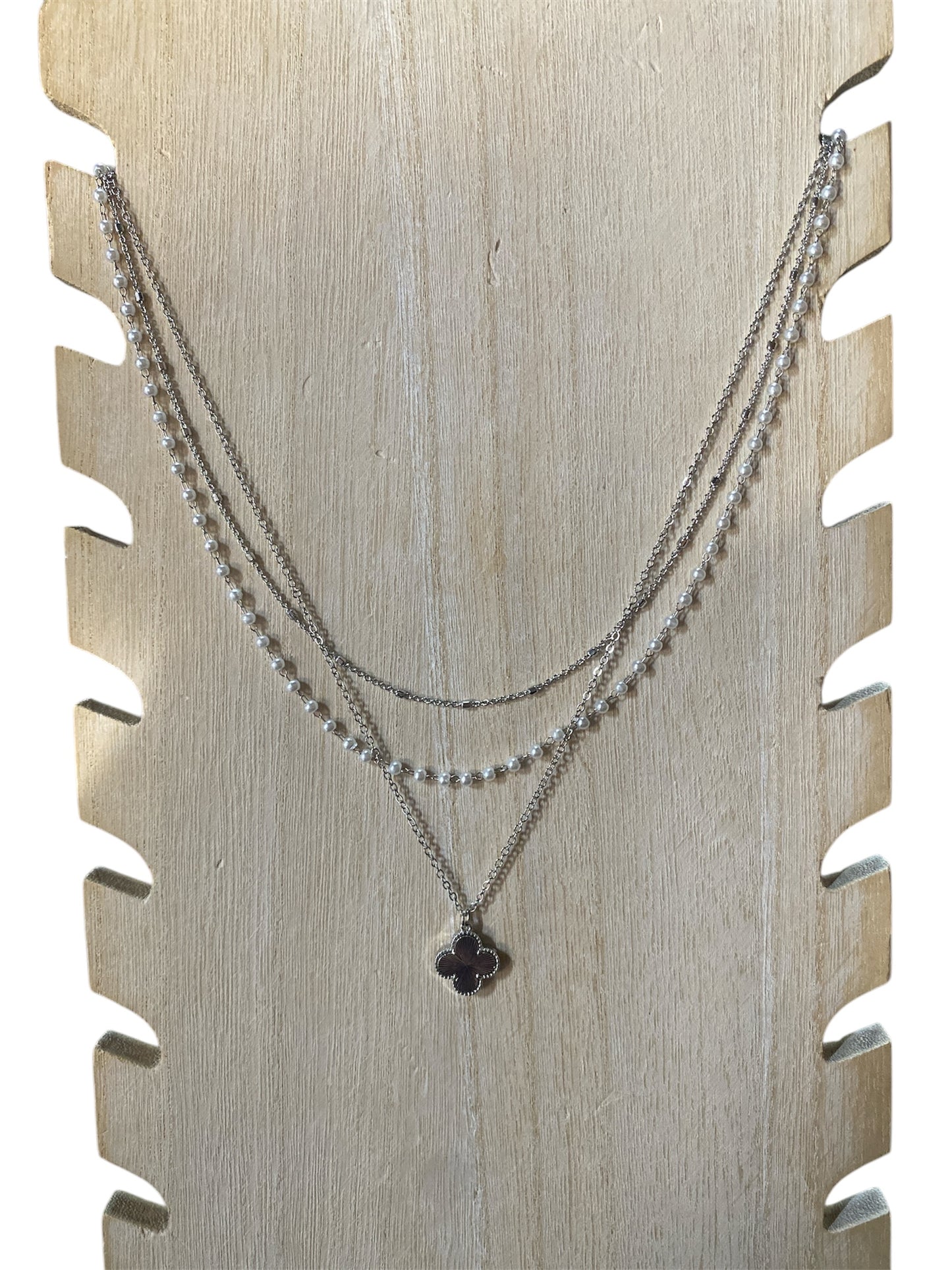 Silver Layered Necklace with Pearls and Clover Charm