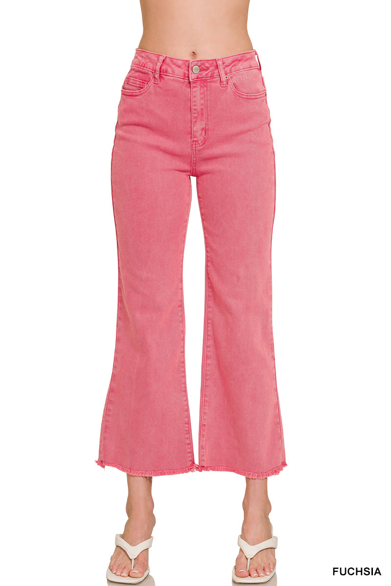 Fuchsia Acid Washed High Waist Frayed Bootcut Pants