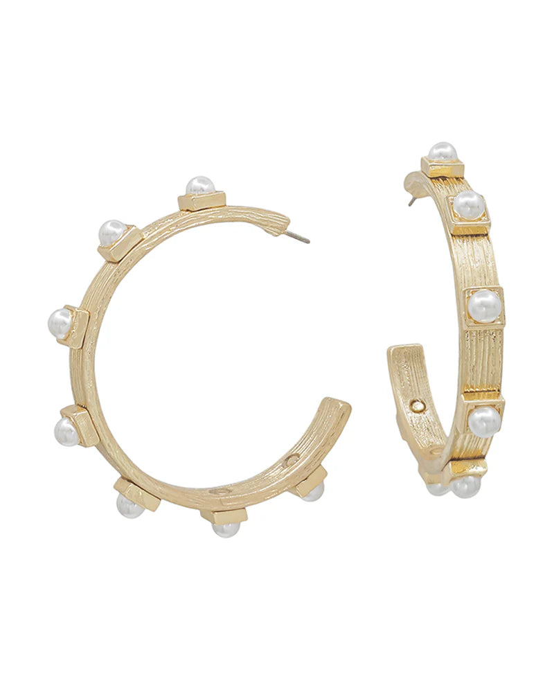 Gold Pearl & Square Accent Hoop Earring