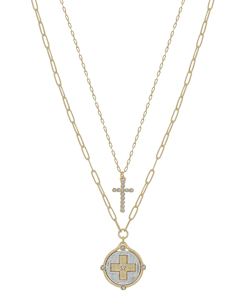 Double Layered Pave Cross & Coin Short Necklace