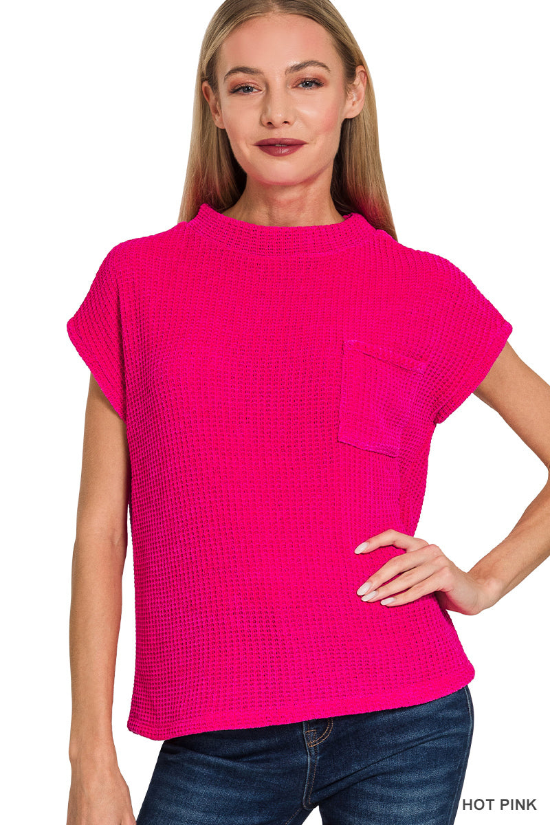 Zenana Hot Pink Chenille waffle short sleeve sweater