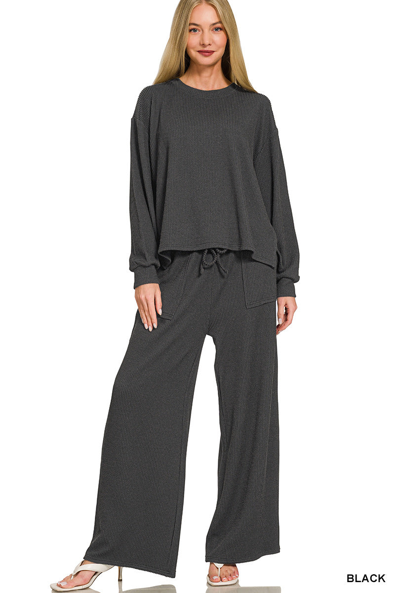 Raised rib round neck pullover & pants set CHARCOAL